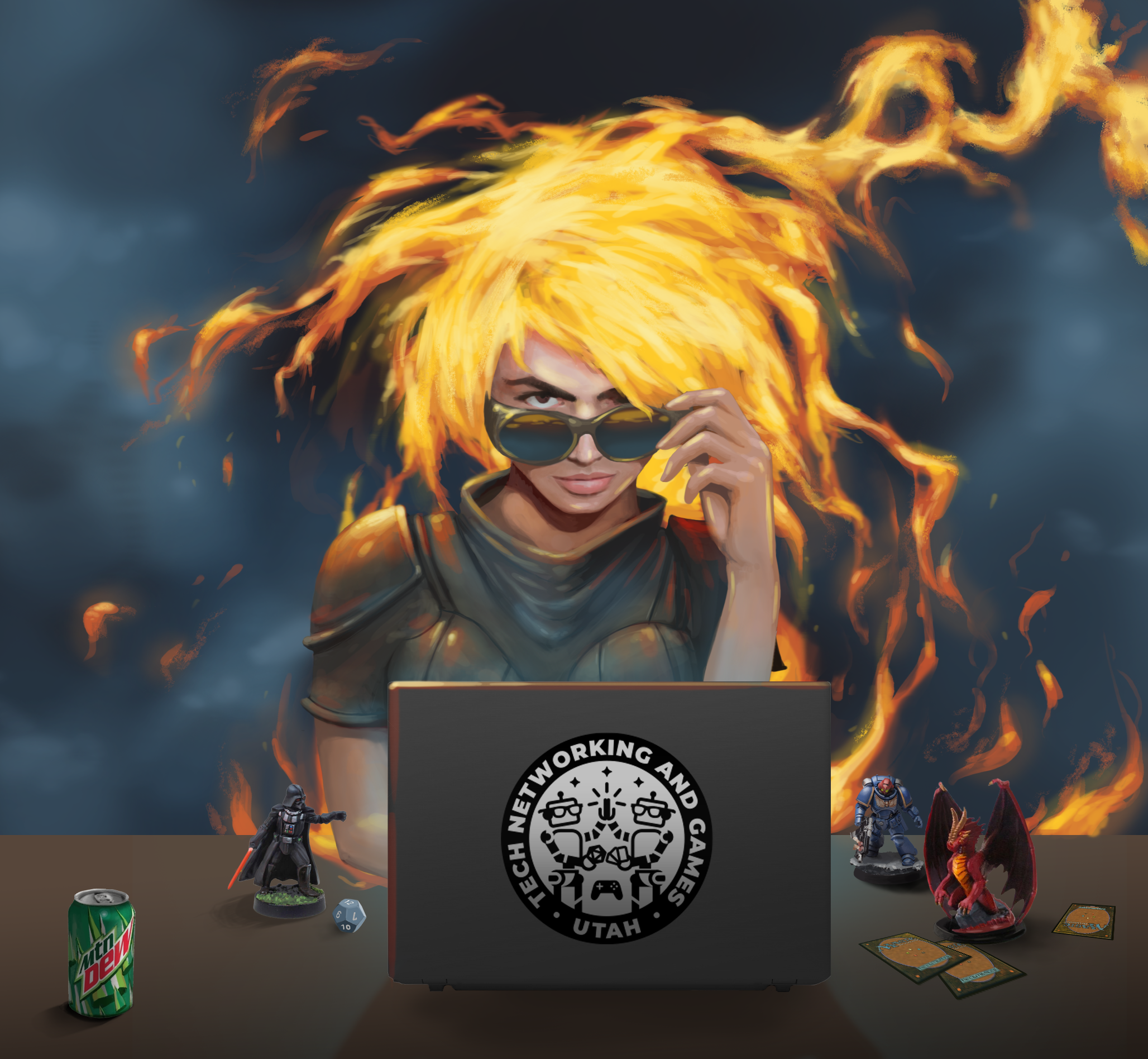 Hair on fire at computer.